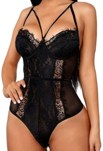 See Through Lingerie,V-Neck Lace Babydoll,Sexy Lingerie Women,One Piece Bodysuit - Picture 1 of 16