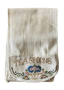 Vintage Leinen Teelöffel Halter Tea Time Blumen bestickt 12 Fächer rollbar - Bild 1 von 5