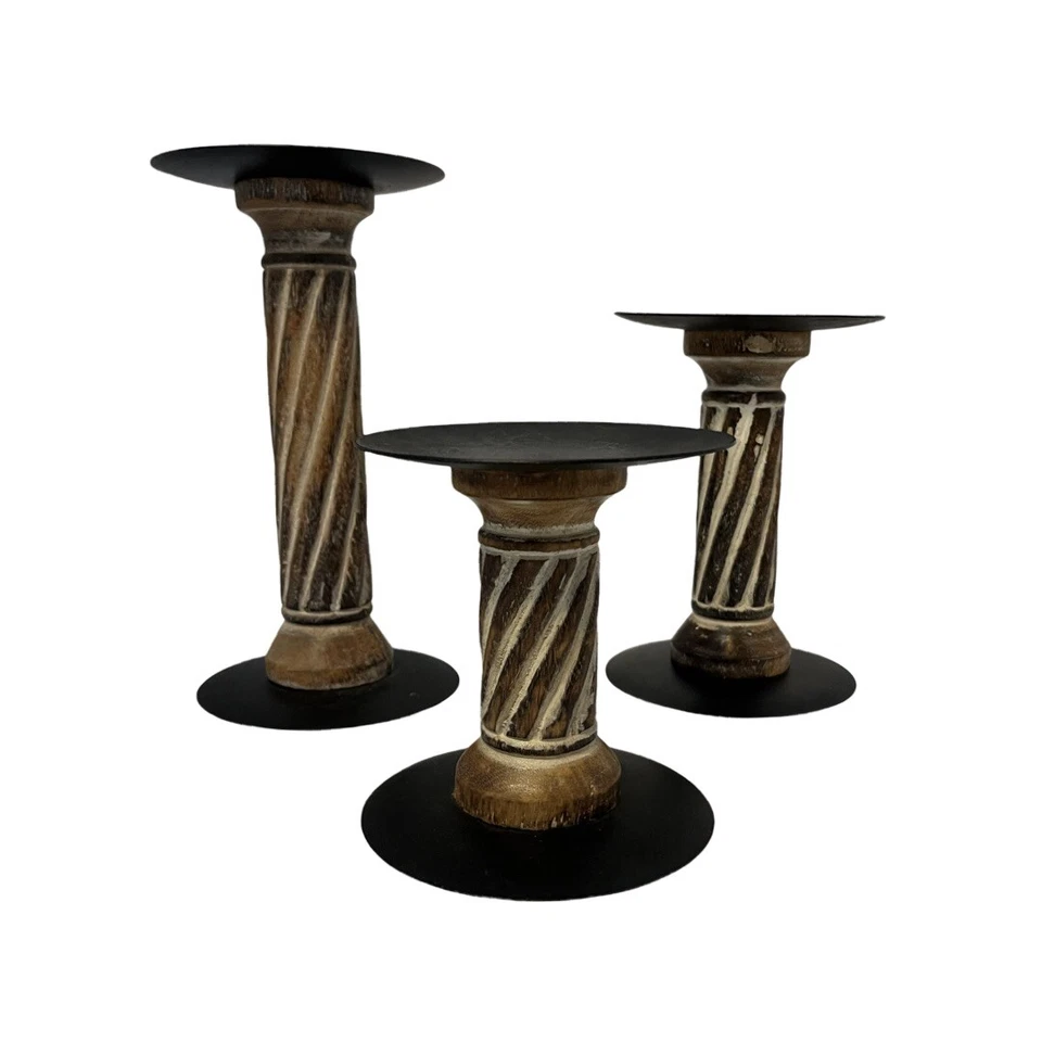 Conjunto de 3 pontos de vela pilar madeira maciça e metal - Imagem 1 de 4