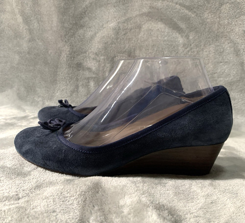 Scarpe con zeppa Tory Burch Chelsea taglia 7 M blu scamosciato fiocco logo Soho Lux punta tonda