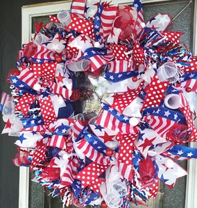 Patriotic 4th of July BLING Deco Mesh Front Door Wreath Home Decor Decoration - Picture 1 of 6