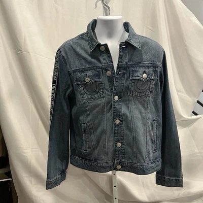 Jaqueta jeans caminhoneiro jeans masculina True Religion logotipo fita pequena S azul nova com etiquetas T1018 - Imagem 1 de 4