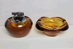 Vtg VIKING Amber Glass MCM Orb Table Lighter and Tulip Ashtray 2 Pc Set - Picture 1 of 8