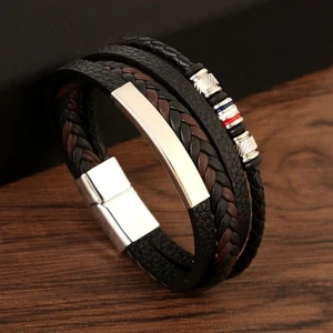 Mode Herren Lagenlook Kunstleder Geflochten Armband Armreif Edelstahl Verschluss - Bild 1 von 5