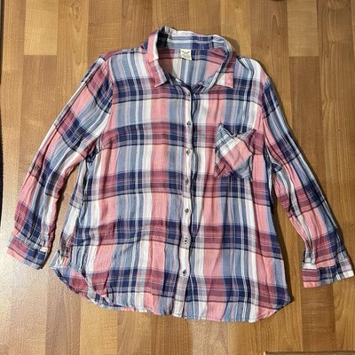 Camisa feminina de flanela Faded Glory 2XL multicolorida xadrez botão para baixo rolo aba manga - Imagem 1 de 4