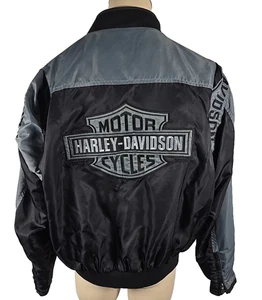 Harley Davidson Mens Nylon Satin Black Gray Motorcycle Riding Jacket Sz XL - Picture 1 of 4
