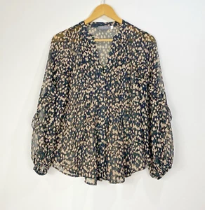 Neuwertige Samtbluse Damen Größe S schwarz beige transparent Chiffon Rüschen V-Ausschnitt Oberteil - Bild 1 von 10