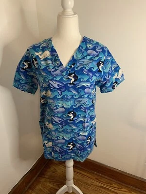 Blusa Médica Cherokee Uniforme XS Ballenas Cuello en V Azul Inspirado Comodidad Foto 1 de 4