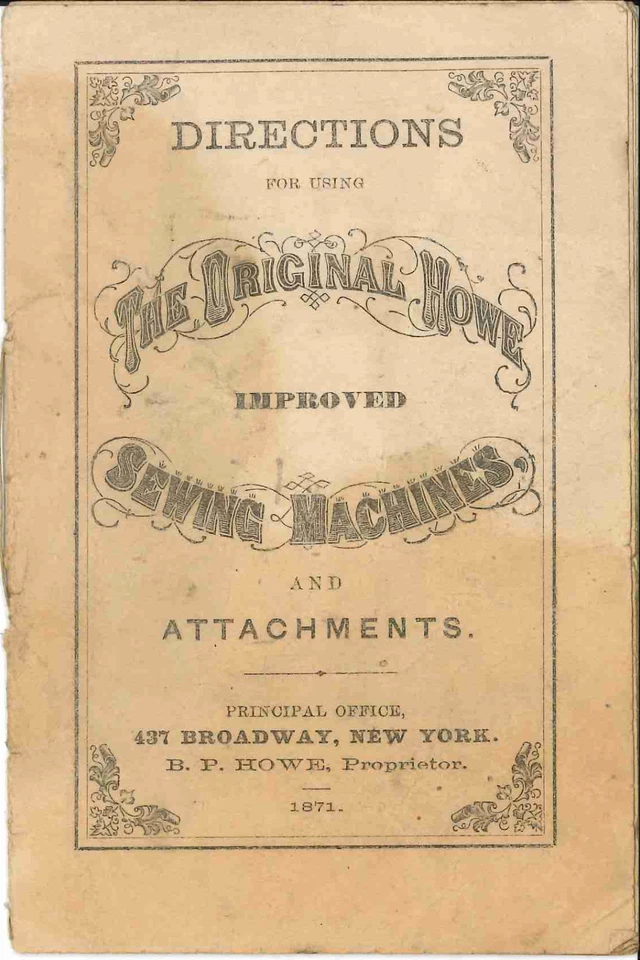 B.P. Libro reimpreso manual de instrucciones de máquina de coser Howe 1871: 16 páginas Foto 1 de 1