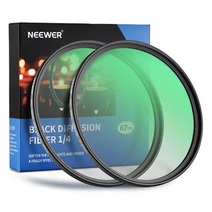 NEEWER 2 Pcs 67mm 1/4 &1/8 Mist Cinematic Effect Black Diffusion Lens Filter Kit - Picture 1 of 8