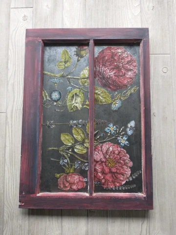Vintage Wood Window Repurposed w/ Mirrored Art Panels Frog Flowers Cover