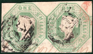 GB QV EMBOSSED Stamp SG.54 1s Pale Green (1847) PAIR Used Cat £2,000+ REDS51 - Picture 1 of 9