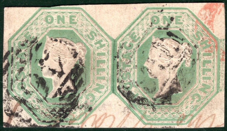GB QV EMBOSSED Stamp SG.54 1s Pale Green (1847) PAIR Used Cat £2,000+ REDS51 - Image 1 of 4