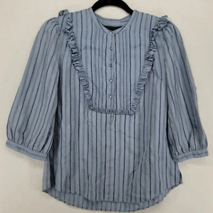 Marc Jacobs Top Womens Size 8 Blue Stripe Silk Pintuck 1/4 Button Up Cottagecore - Picture 1 of 17