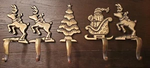 Brass Stocking Holders For Mantel Very Heavy. Tree, Reindeer, Santa. Set Of Five - Picture 1 of 7