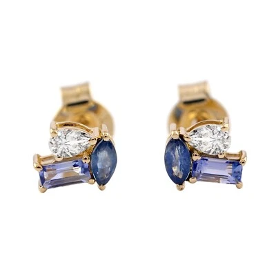Solid 14K Yellow Gold Genuine Blue Sapphire Tanzanite Diamond Three Stone Studs - Image 1 of 4