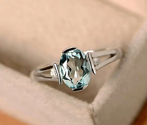 Aquamarin Kristall Ring, 925 Sterlingsilber, ovaler Ring im Smaragdschliff, F... - Bild 1 von 4