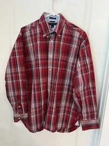 Tommy Hilfiger Mens Shirt Red Plaid Classic Fit Button-Up SZ Med - Picture 1 of 9