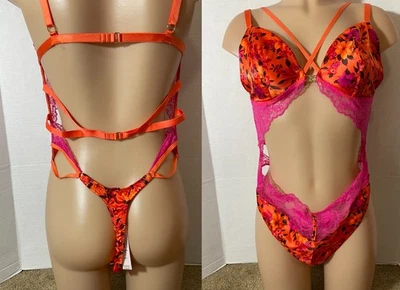 XL Victorias Secret Strappy SATIN Tropical Floral Teddy Bodysuit Orange Pink - Image 1 of 4