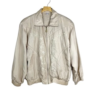 Fuda International Vintage 100% Silk Beige Zip-up Jacket Floral Embroidered Lg - Picture 1 of 9