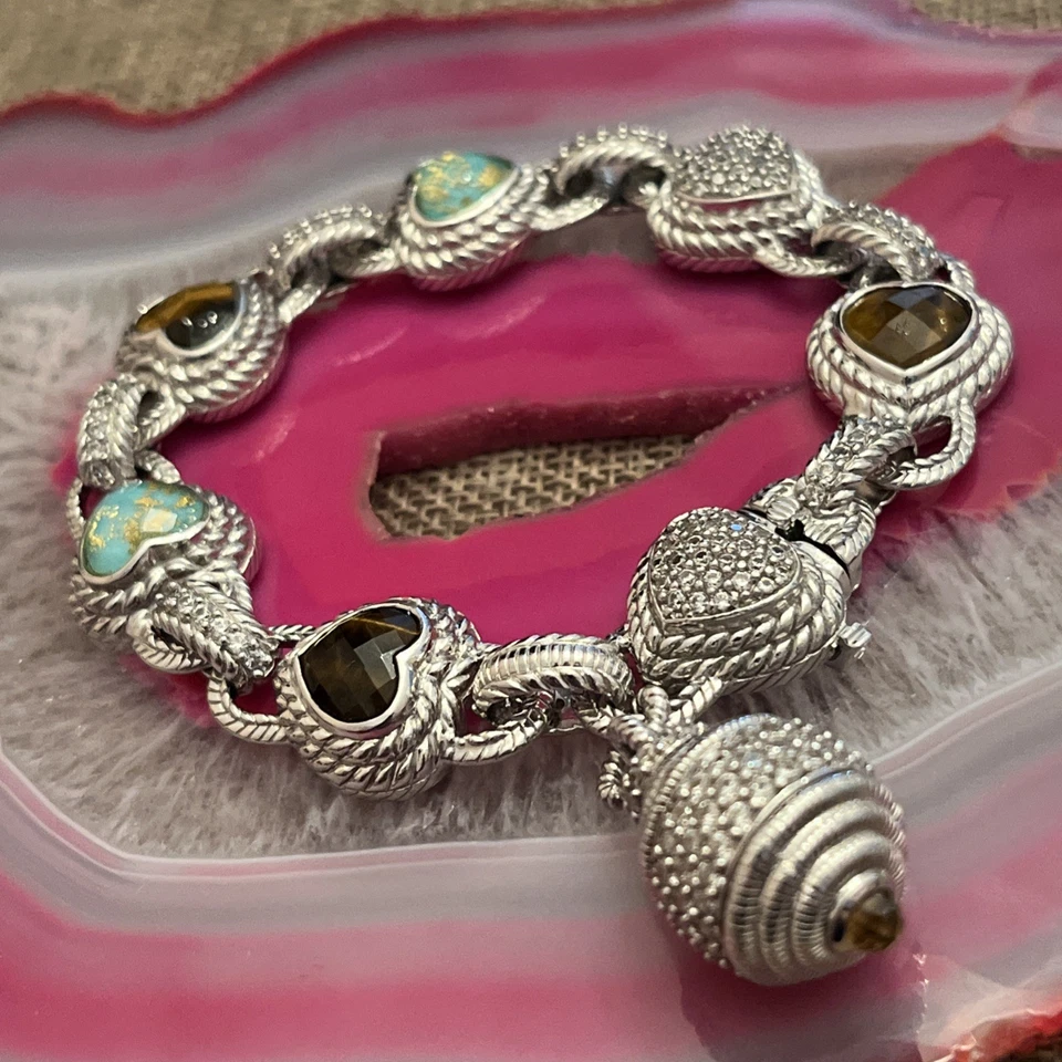 Judith Ripka Sterling Silver Tigers Eye Turquoise Heart Doublet Bracelet 8.25” - Image 1 of 4