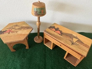 Vintage japanische Holz Intarsien Mt Fuji Puppenhaus Möbel Schreibtisch Tischlampe 50er - Bild 1 von 12