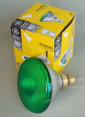 NOS GE Green Par 38 Flood 80 Watt E27 240V 122mm Coloured Disco Lamp Light Bulb - Image 1 of 4