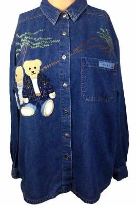 Top vaquero vintage de oso de peluche para mujer talla S oso pareja botón delantero manga larga Foto 1 de 4