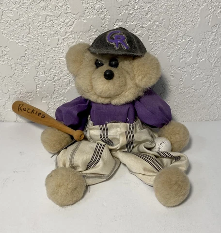 Vintage Colorado Rockies 8” MLB Baseball Plush Stuffed Teddy With Bat & Ball VTG Cover