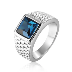 Square Blue Stone Wedding Ring Stainless Steel Men's Classic Jewelry Ring Biker - Picture 1 of 4
