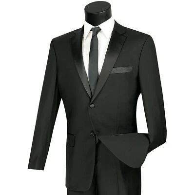VINCI Men's Black Slim Fit Formal Tuxedo Suit w/ Sateen Lapel & Trim NEW - Image 1 of 2