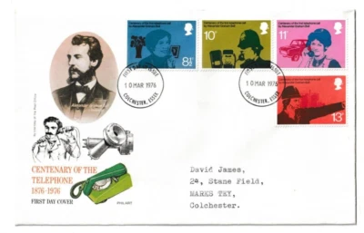 10/3/1976 UK GB FDC - Telephone - Alexander Graham Bell -Colchester FDI Postmark - Image 1 of 2