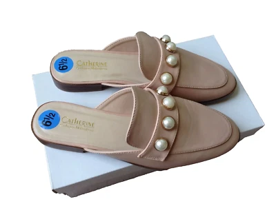 Catherine Malandrino Plush Pink Faux Pearls Mule Sandals Size 6.5 New - Image 1 of 4