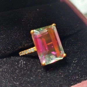 Lab Created 7Ct Emerald Watermelon Tourmaline & CZ Side Stone Ring in 925 Silver - Picture 1 of 8