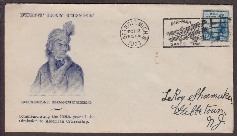 1933 KOSCIUSZKO Sc 734-31 H. H. Griffin cachet Detroit MI cancel - Image 1 of 1