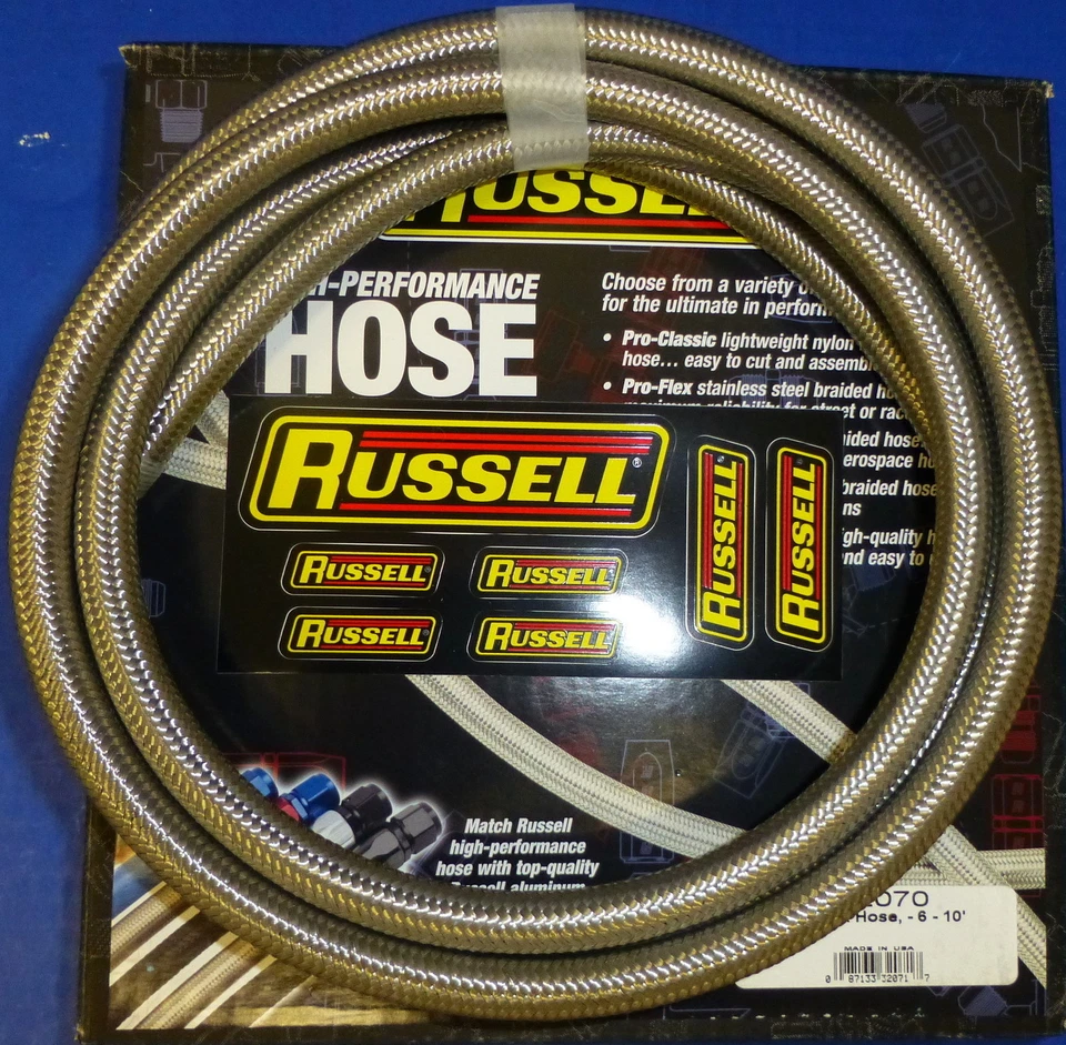 Russell 632070 ProFlex Braided Stainless Steel Hose - 6 AN 10' Fuel Oil Gas Line - Image 1 of 1