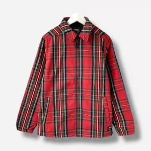 WESC Coach Jacket Mens Small Salsa Red Black Tartan Plaid Unisex Full Zip New - Picture 1 of 12
