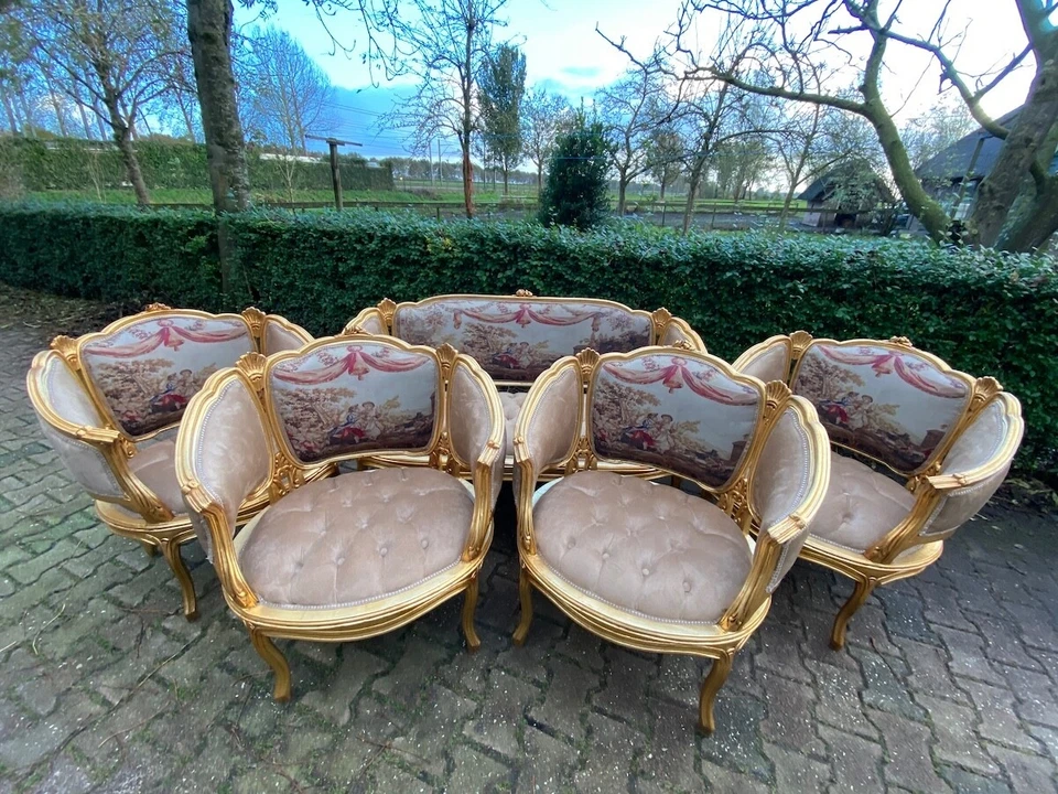 Juego de Sofá Luis XVI Terciopelo Tostado Francés 5 Piezas Hoja de Oro Escena Pastoral De Colección Foto 1 de 4