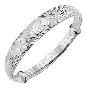 Fine Retro 925 Sterling Silver Plated Chinese Happiness Carved Bangle Bracelet - Picture 1 of 33