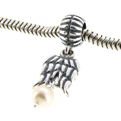 Sterling Silver Angel Feather Wing Dangle White Pearl f/ European Charm Bracelet - Image 1 of 2