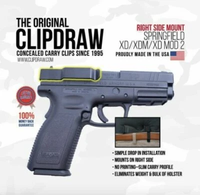 Clipdraw Belt Clip Springfield XD/XDM/XD MOD 2 9/40/45 IWB OWB Black Right Side - Image 1 of 4