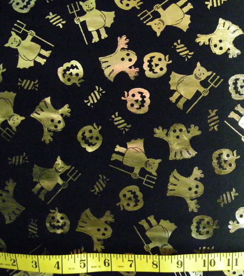 HALLOWEEN GOLD FOIL GHOSTS DEVIL ON BLACK 100% POLYESTER  FABRIC   26X43 INCHES - Image 1 of 1