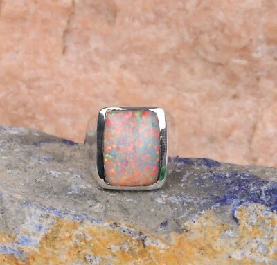 Anillo de ópalo de fuego blanco arco iris anillo de plata de ley 925 anillo de sello para hombre regalole Foto 1 de 3