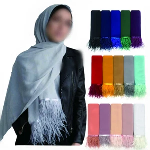 Women Chiffon Hijab Scarf Plain Feather Tassel Scarves Turban Shawls and Wraps - Picture 1 of 37