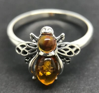 amber bee ring, solid Sterling Silver, real cognac amber. New. - Image 1 of 4