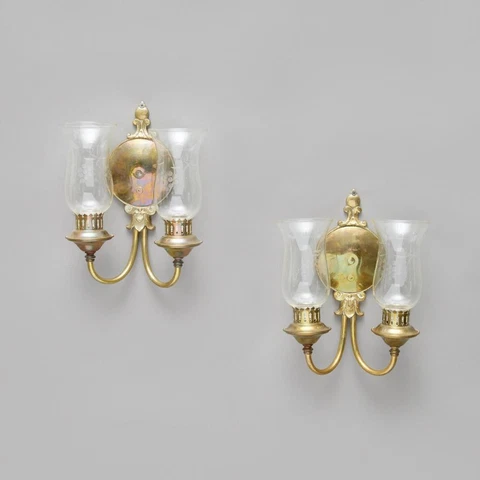 Pair Patinated Brass Etched Grape Glass Hurricane Two Armed Sconces 12.25"h Cover