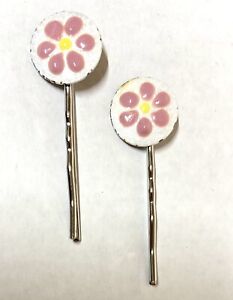 Bobby Pin set -GUILLOCHE ENAMEL PINK DAISY FLOWER ACCENT- RHODIUM PLATE