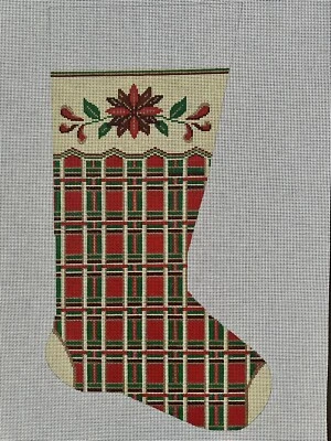 Alice Peterson Hand Painted Needlepoint Canvas Stocking Red Plaid 19.5” - Image 1 of 4