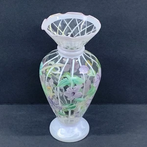 6.5" Tracy Porter Hand Painted Floral Glass Vase Pale Purple Clematis Lattice - Picture 1 of 4