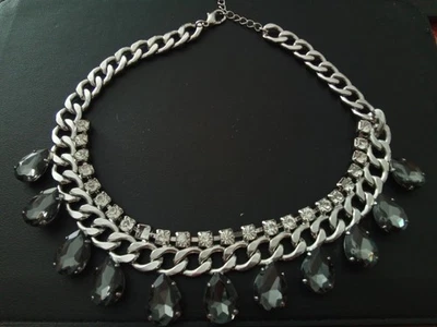 Collier Panzer Kette mit Tropfen  Anthrazit Tropfen + klare Strass Steine - Bild 1 von 4